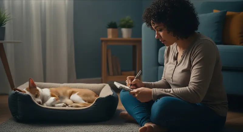 Tutor observando seu pet com atenção e anotando sintomas, em um ambiente tranquilo.
