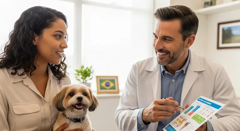 Veterinário explicando para tutor sobre vacinas de pets em 2025.