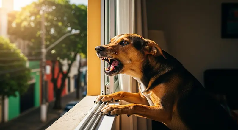 cachorro latindo na janela de apartamento