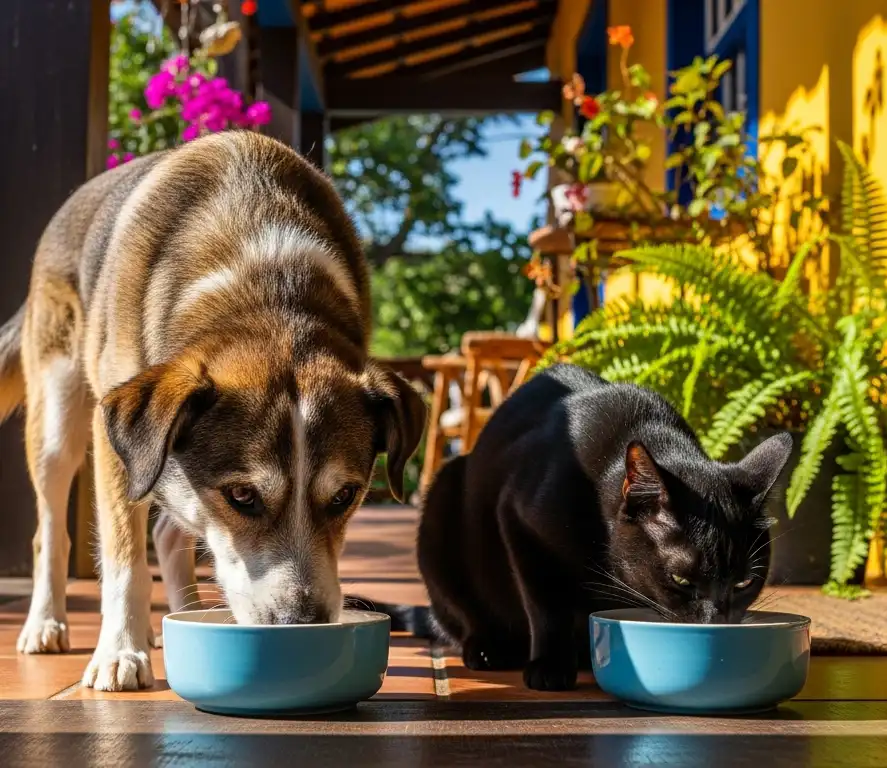 Cao e gato comendo ração, lado a lado, ams cada um com seu pote.