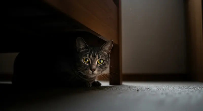 gato cinza escondido embaixo da cama