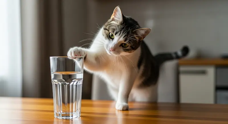 gato empurrando copo da mesa com curiosidade.