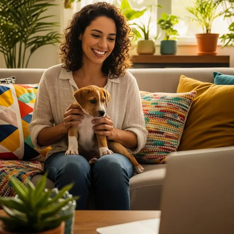 Mulher com cachorro filhote no colo escolhendo nomes no computador