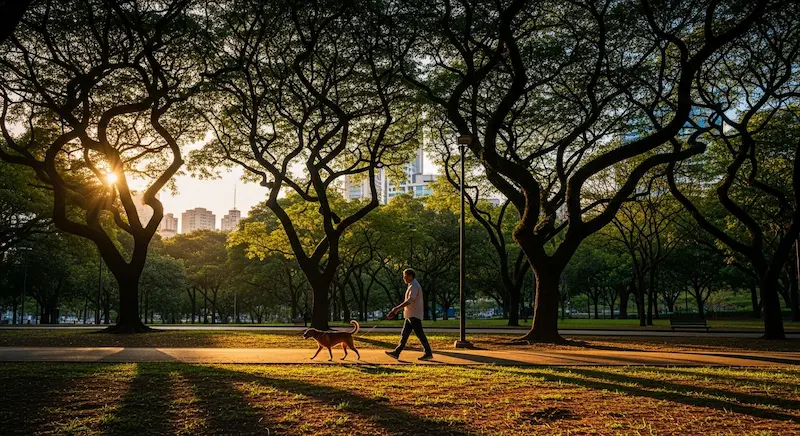 tutor passeando com cachorro na praça