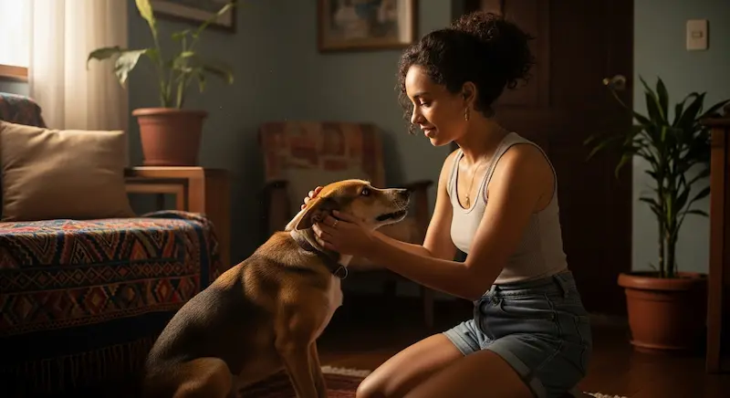 tutora acalmando cachorro dentro de casa