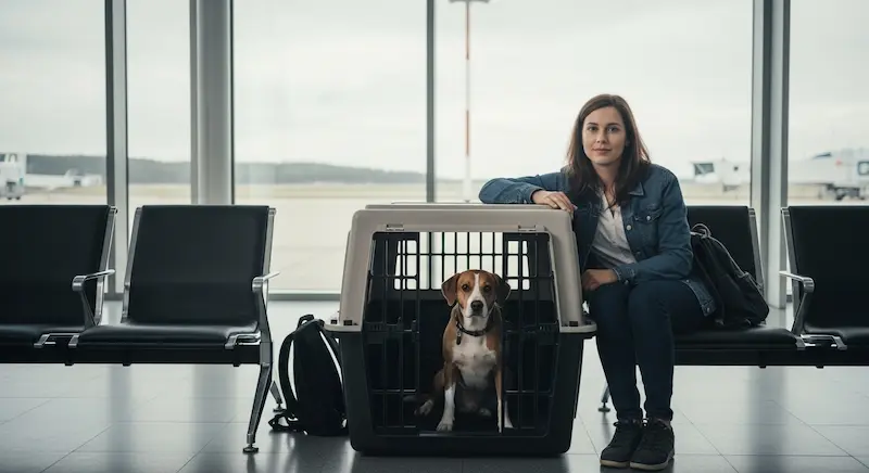 Cachorro dentro de caixa de transporte no aeroporto