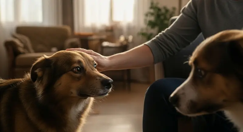Cachorro observando o tutor dar carinho a outro pet com expressão de ciúmes.