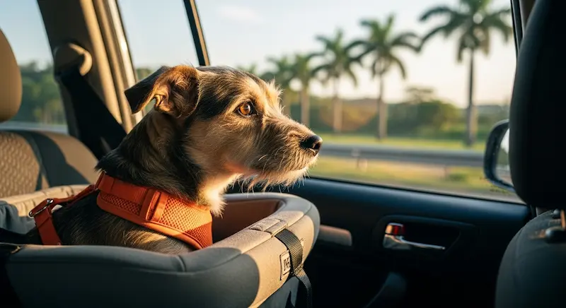 Cachorro pequeno em cadeirinha de segurança olhando pela janela do carro.