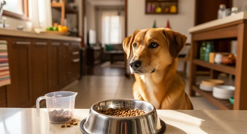 Cão ao lado de pote com quantidade medida de ração em cozinha iluminada.