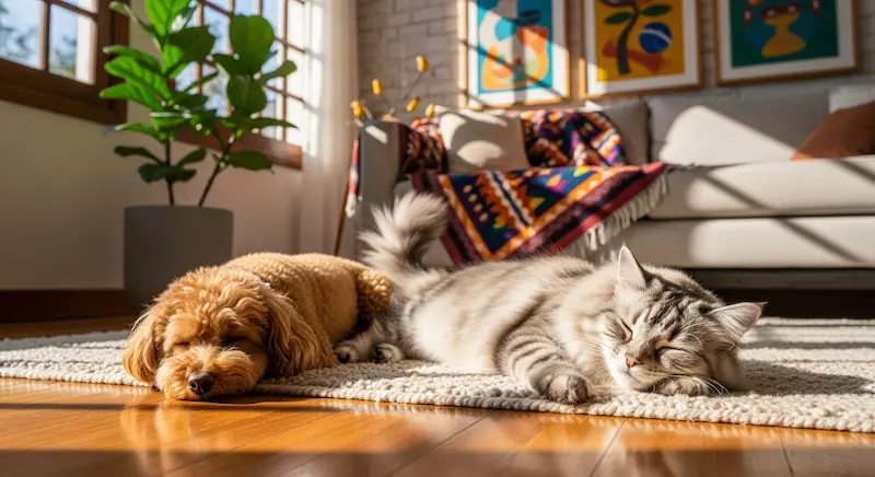 Cão e gato de raças consideradas hipoalergênicas em ambiente doméstico.