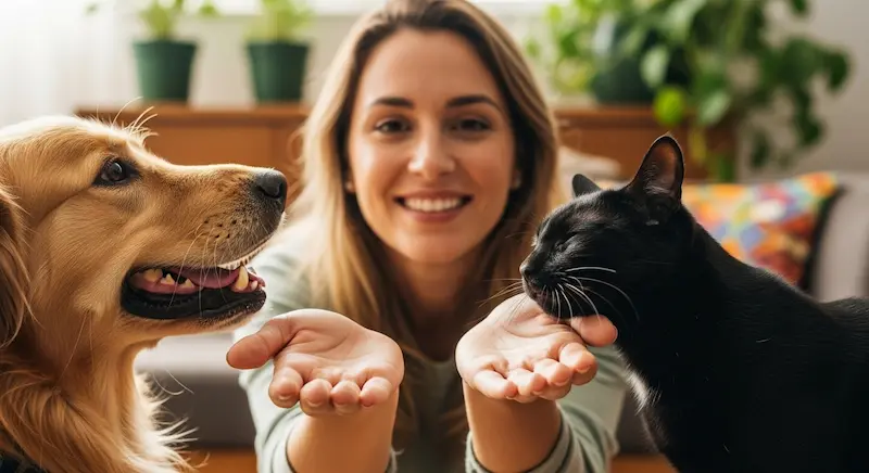 Cão e gato com sua tutora em cena de afeto e carinho entre todos