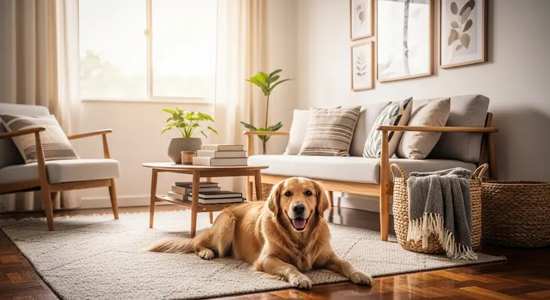 Cão golden retriever feliz em sala de estar organizada brasileira