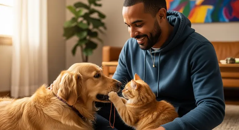Close-up de tutor sorrindo enquanto um cão e um gato estão brincando