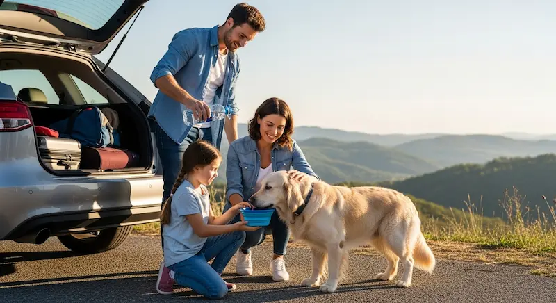 Família dando água ao cachorro durante parada em viagem de carro.