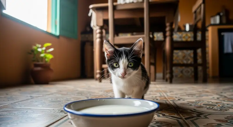 Filhote de gato observando uma tigela de leite na cozinha