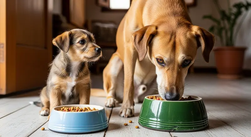 Filhote e cão adulto com porções de ração proporcionais