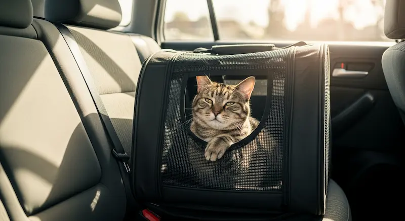 Gato em caixa de transporte no banco traseiro de um carro