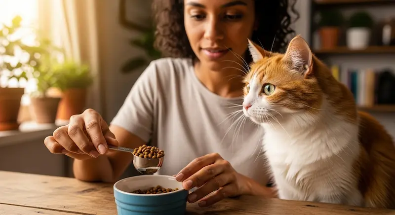 Tutor medindo quantidade de ração para gato em pote pequeno