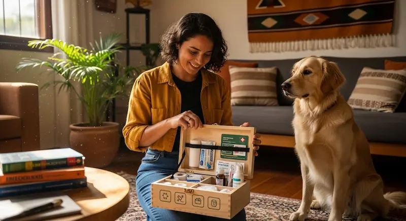 Um tutor abrindo uma caixa organizada com materiais de primeiros socorros específicos para pets