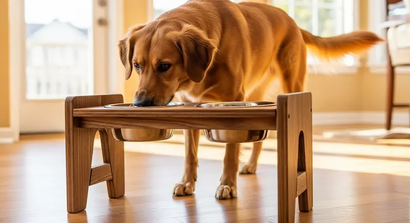 cachorro comendo em comedouro suspenso de madeira.