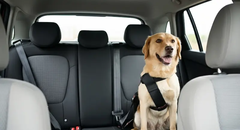 cachorro preso com cinto no banco de trás do veículo.