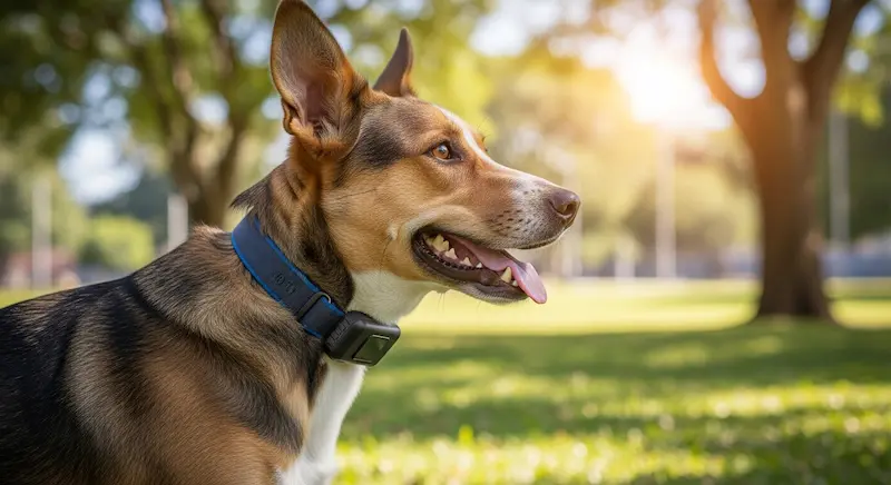 cachorro usando coleira inteligente em parque