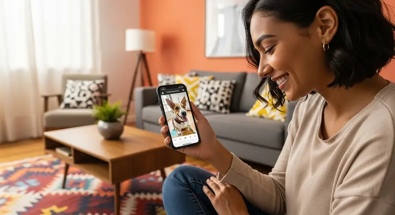 tutora monitorando cachorro por câmera interativa