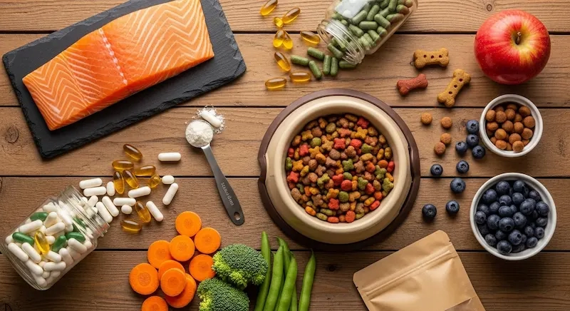 alimentos naturais, racao e suplementos