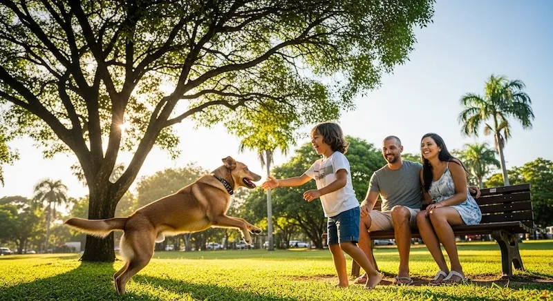 cachorro caramelo brincando na praça com uma criança (1)