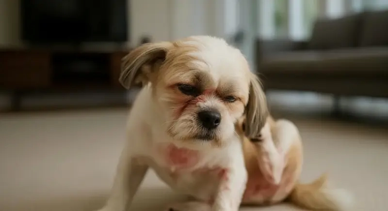 cachorro com dermatite em crise de coceira