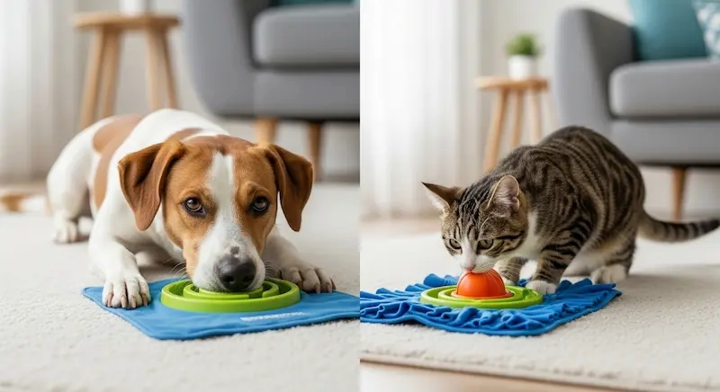 cachorro e gato brincando com brinquedos de inteligência,