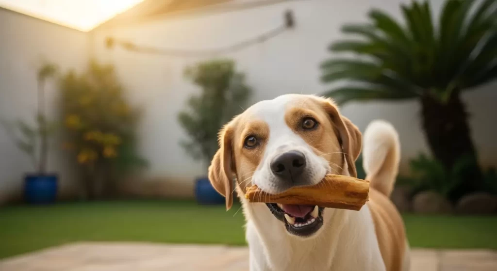 Cachorros podem comer ossos: Cachorro feliz mastigando petisco natural, quintal brasileiro com luz solar suave e plantas tropicais, estilo ultrarrealista e cinematográfico, sem texto.