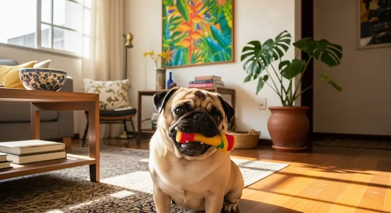 Cachorro pug, roendo brinquedo mastigável seguro na sala de casa.