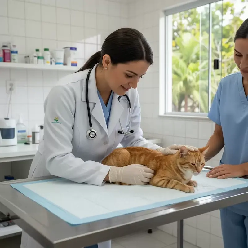 check-up veterinário anual: veterinaria fazendo checkup em um gato