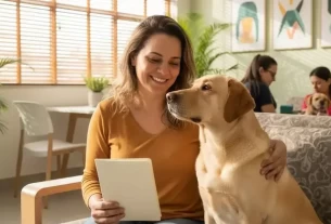 Tutora e seu cachorro na sala de espera da clinica veterinaria