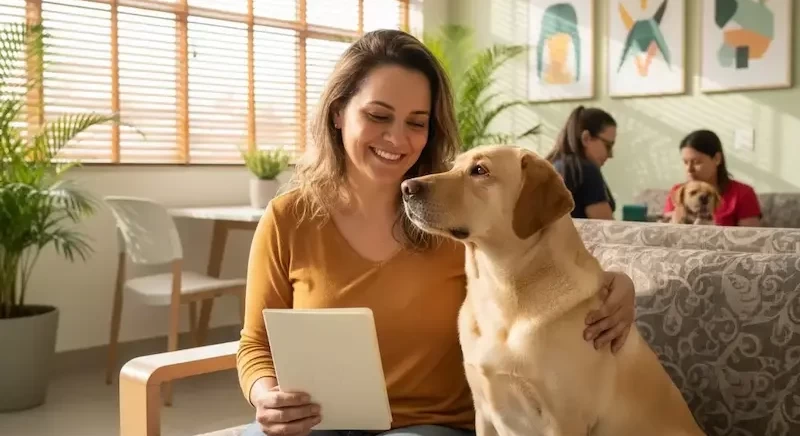 Tutora e seu cachorro na sala de espera da clinica veterinaria
