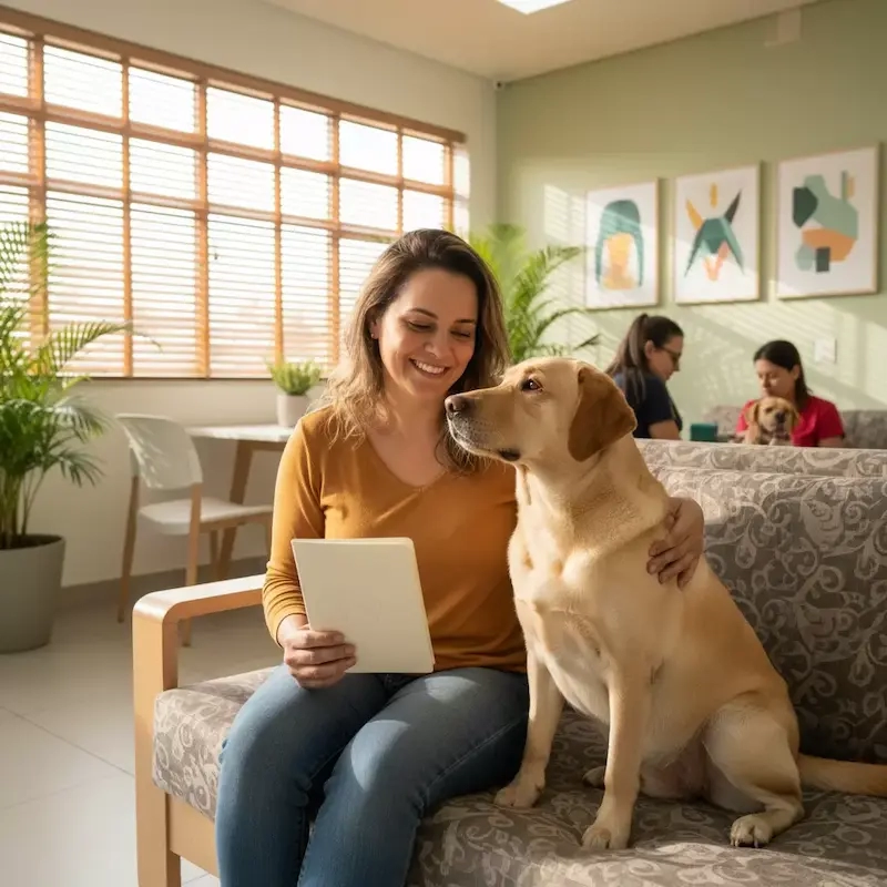 check-up veterinário anual: Tutora e seu cachorro na sala de espera da clinica veterinaria