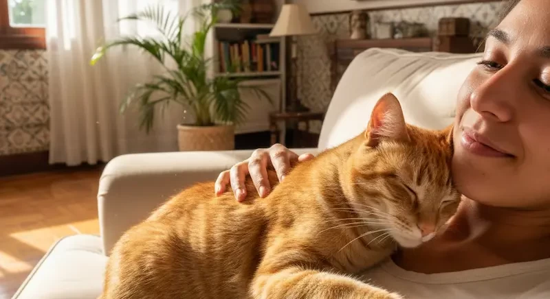 gato no colo da tutora em cena de carinho e afeto