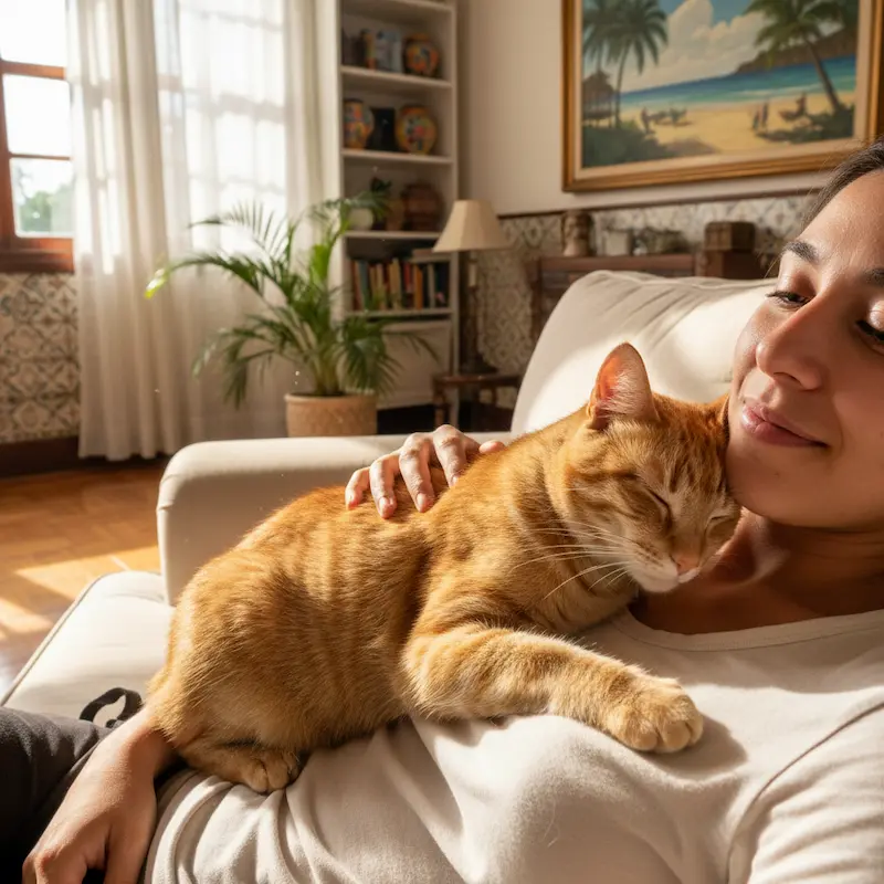 gato no colo da tutora em cena de carinho e afeto