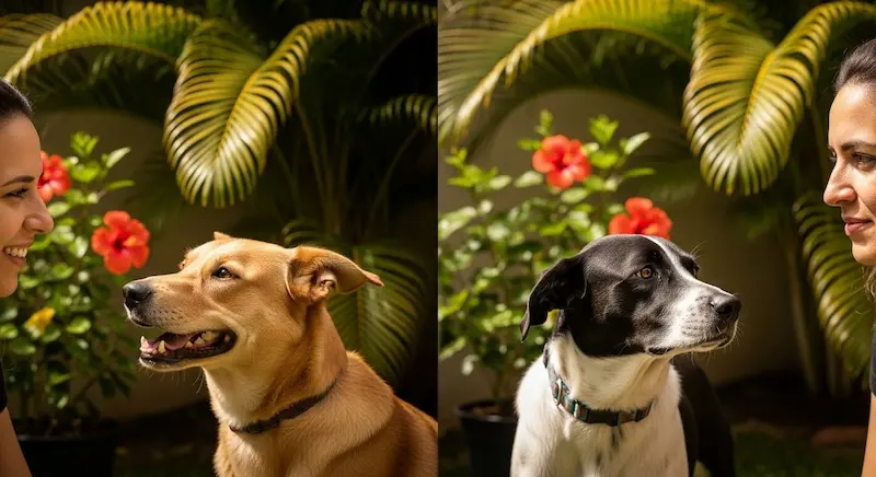 Reconhecimento de emoções humanas pelos pets; dois cachorro olhando a expressão facial de seus tutores.