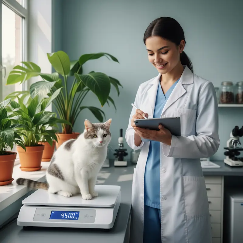 Gato sendo pesado em balança digital veterinária por profissional.