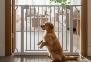 filhote de cachorro em frente a um portão de proteção