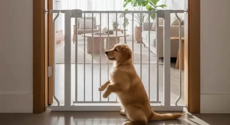 filhote de cachorro em frente a um portão de proteção