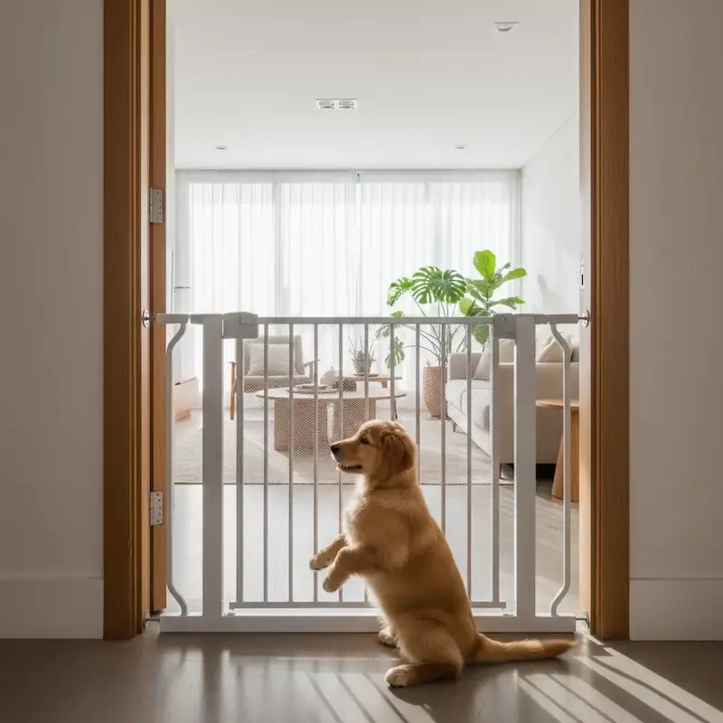 adaptar casa para filhote com segurança: filhote de cachorro em frente a um portão de proteção