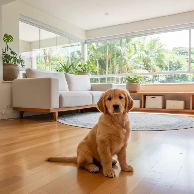 adaptar casa para filhote com segurança: Filhote de golden na sala de casa
