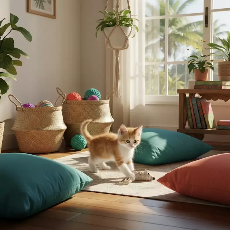 adaptar casa para filhote com segurança: gato brincando com um ratinho de brinquedo