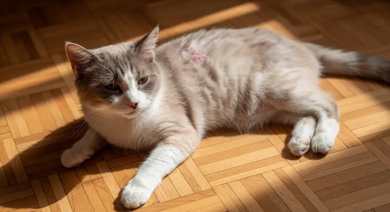Gato com dermatite deitado na sala de casa