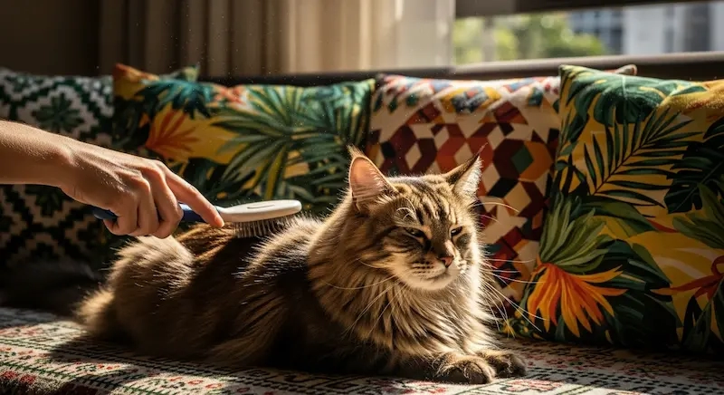 Pode dar banho em gatos? Gato de pelo longo sendo escovado