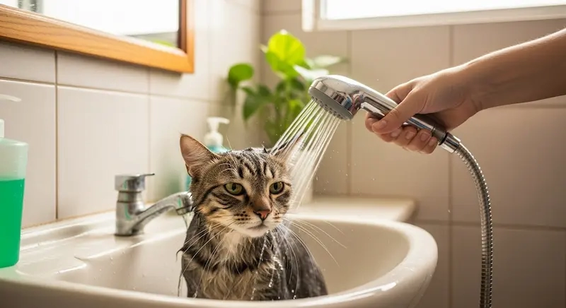 Pode dar banho em gatos? Gato doméstico de pelo curto sendo molhado com água morna em pia