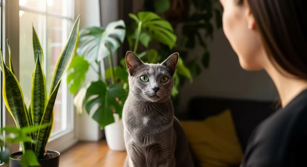 Reconhecimento de emoções humanas pelos pets:: Gato russian olhando atentamente para o tutor, expressão curiosa e calma.
